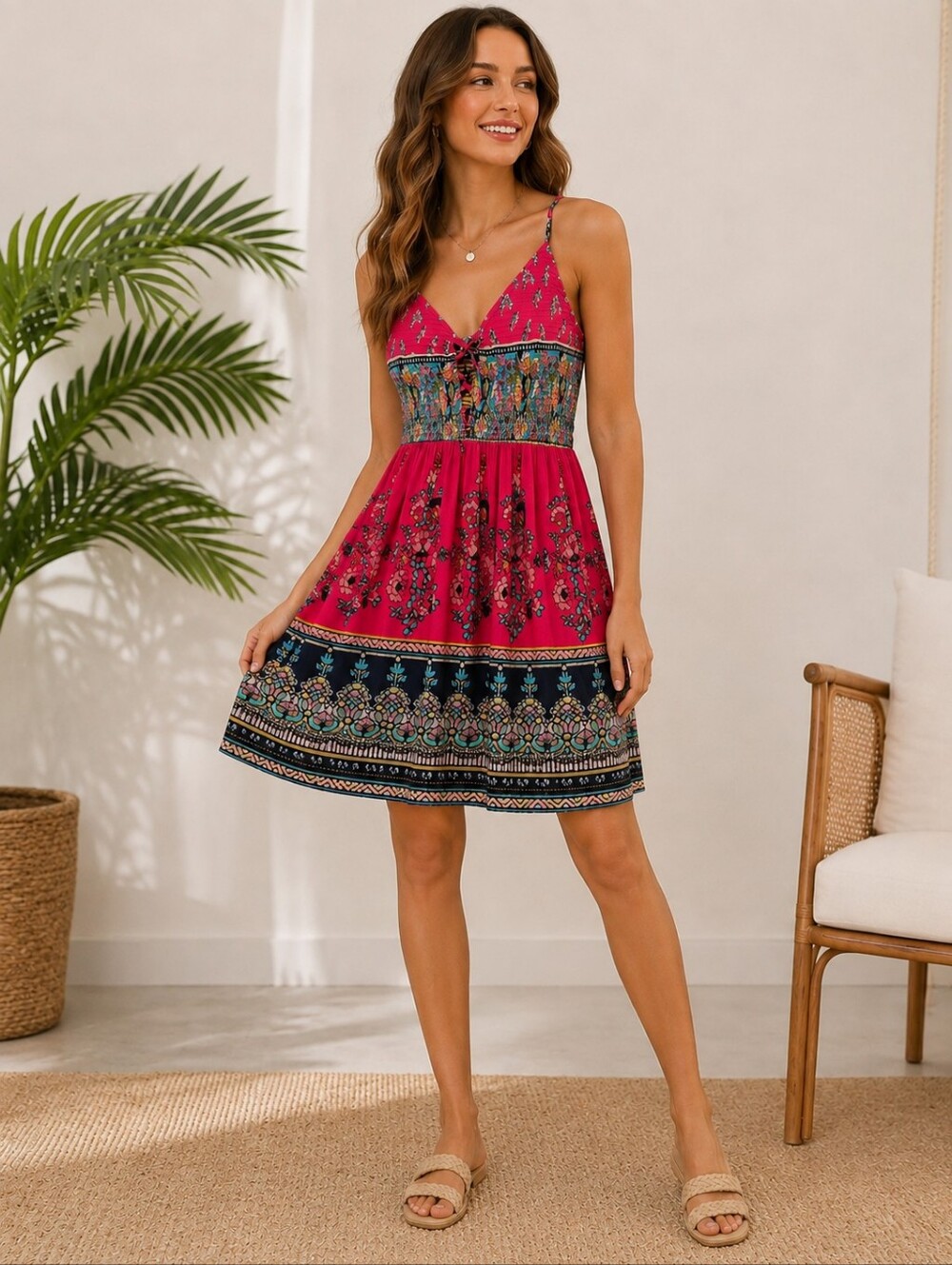 Patrons of Peace Red and Navy Boho Print Tie-Front Sundress